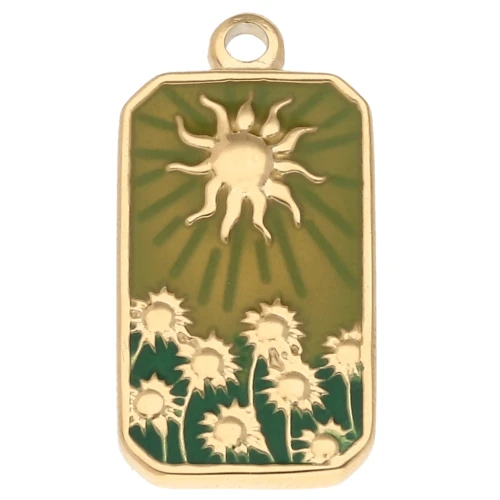 Pendentif rectangle motif Soleil 26x13 mm résine époxy Acier inox 304 Doré - Vert
