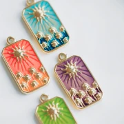 Pendentif rectangle motif Soleil 26x13 mm résine époxy Acier inox 304 Doré - Vert