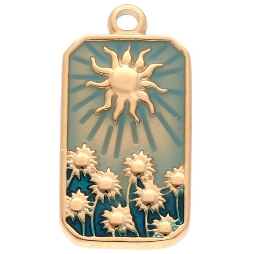Pendentif rectangle motif Soleil 26x13 mm résine époxy Acier inox 304 Doré Bleu