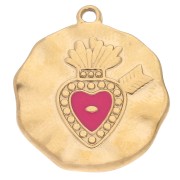 Pendentif rond 19 mm Coeur Ex voto Résine époxy Acier inoxydable 304 Doré Rose x1|raw }}