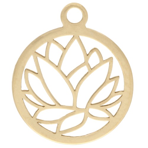 Breloque ronde ajourée 12 mm - motif fleur de lotus - Argent 925 Doré à l'or fin