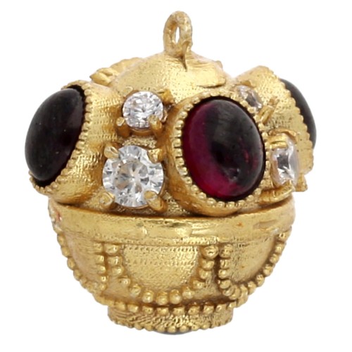 Pendentif ethnique 17x16 mm avec pierre gemme et CZ - Doré or fin - Grenat x1