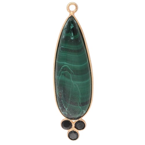 Pendentif goutte 41x11 mm avec CZ et pierre gemme - Doré à l'or fin - Malachite x1