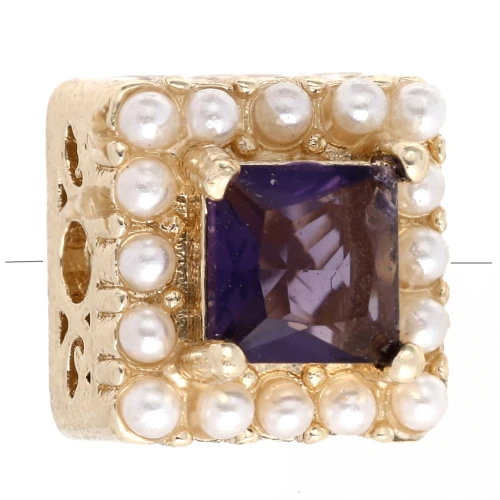 Perle carrée 9 mm - cabochons nacre et oxyde Zirconium - Doré à l'or fin - Violet