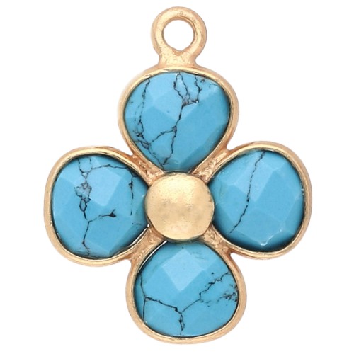 Pendentif fleur 16 mm pierre gemme teintée - Doré à l'or fin - imitation Turquoise