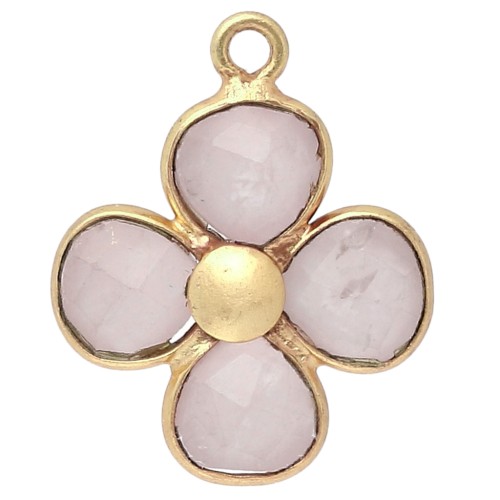 Pendentif fleur 16 mm en pierre gemme - Doré à l'or fin - Quartz rose x1