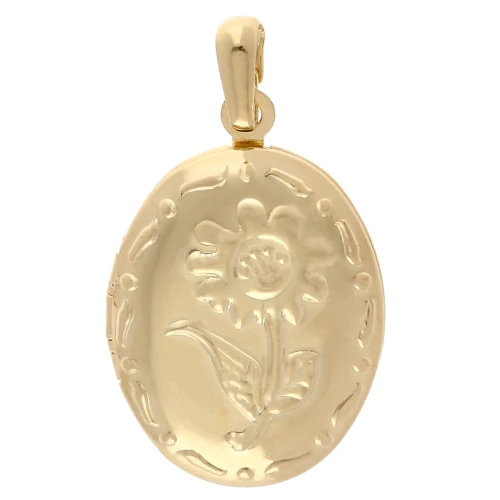 Pendentif porte photo ovale 26x18 mm - Motif fleur - Doré à l'or fin x1