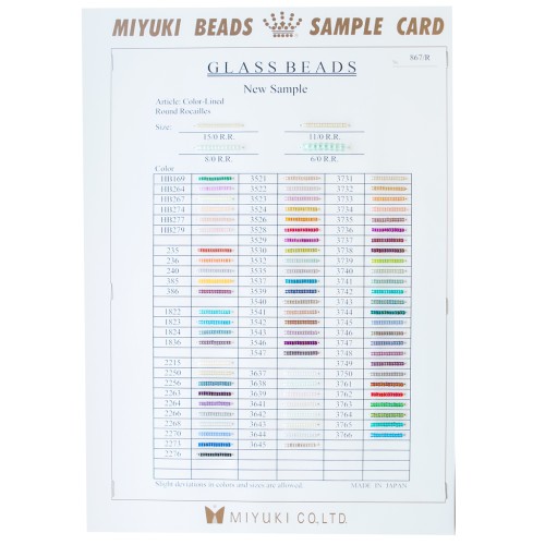 Nuancier Miyuki Rocailles 6/0 8/0 11/0 et 15/0 Sample Card (n°867/R) Colord Lined