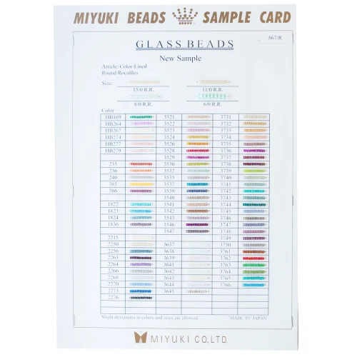 Nuancier Miyuki Rocailles 6/0 8/0 11/0 et 15/0 Sample Card (n°867/R) Colord Lined
