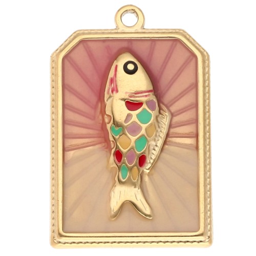 Pendentif rectangle motif poisson 28x18 mm résine époxy Acier inox 304 Doré - Rose