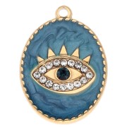 Pendentif ovale 20x15 mm motif oeil - époxy et strass - Acier inox 304 Doré - Bleu|raw }}