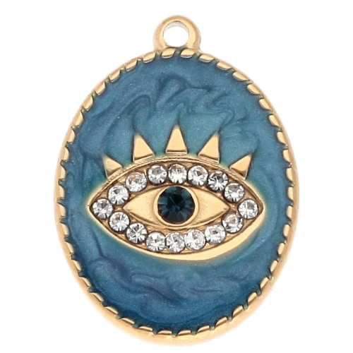 Pendentif ovale 20x15 mm motif oeil - époxy et strass - Acier inox 304 Doré - Bleu