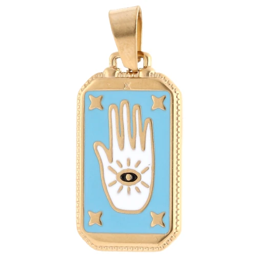 Pendentif rectangle 26x14 mm motif main oeil - époxy - Acier inox 304 Doré - Bleu