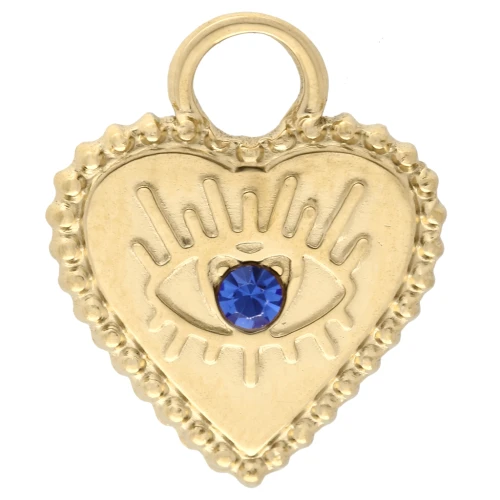 Breloque coeur 15.5x13 mm motif oeil avec strass - Acier inox 304 Doré - Bleu x1
