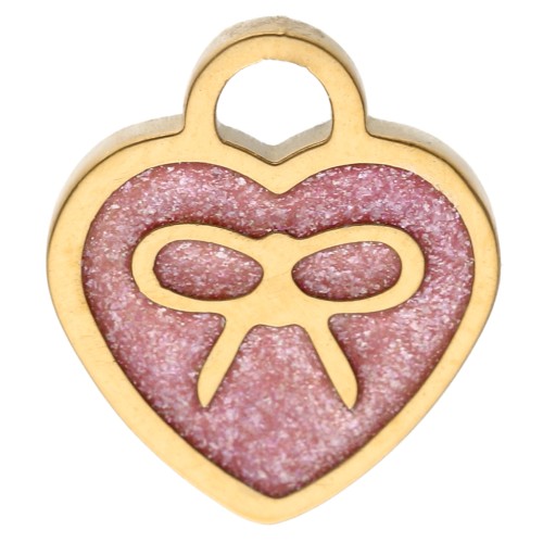 Breloque coeur 10x9 mm motif noeud et époxy - Acier inox 304 Doré - Rose pailleté
