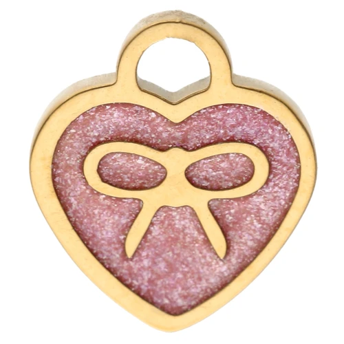 Breloque coeur 10x9 mm motif noeud et époxy - Acier inox 304 Doré - Rose pailleté