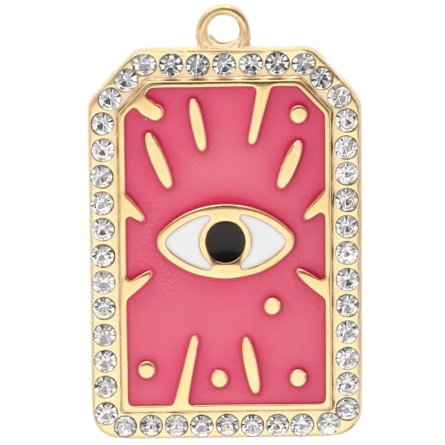 Pendentif rectangle 34x21 mm motif oeil époxy & strass Acier inox 304 Doré - Rose