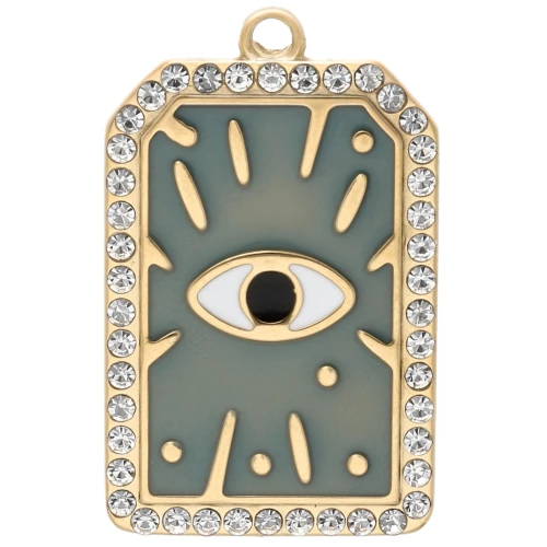 Pendentif rectangle 34x21 mm motif oeil époxy & strass Acier inox 304 Doré - Sauge