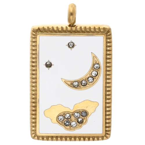 Pendentif rectangle 26x15 mm motif lune - époxy - Acier inox 304 Doré - Blanc