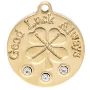 Breloque ronde 18 mm motif trèfle Good Luck Always et strass - Acier inox 304 Doré