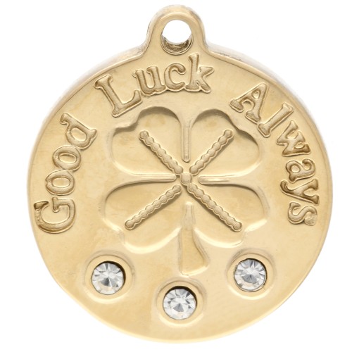 Breloque ronde 18 mm motif trèfle Good Luck Always et strass - Acier inox 304 Doré