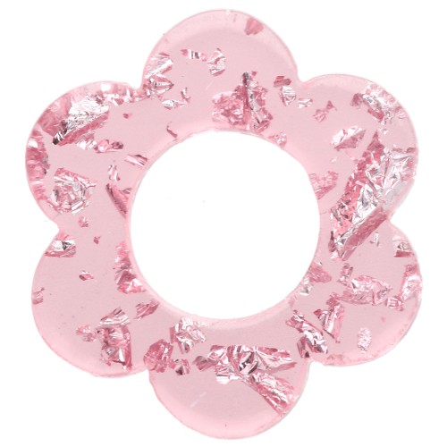 Pendentif fleur 14 mm en acrylique - Rose transparent - Paillettes argentées x1
