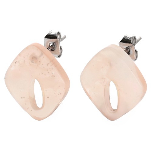 Clous d'oreilles losange évidé 16x14mm acétate Marbré Pêche clair nacré pailletéx2