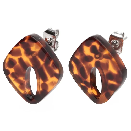 Clous d'oreilles losange évidé 16x14 mm acétate - Terrazzo Marron - Noir x2