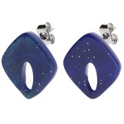 Clous d'oreilles losange évidé 16x14 mm acrylique - Marbré Bleu nuit pailleté x2