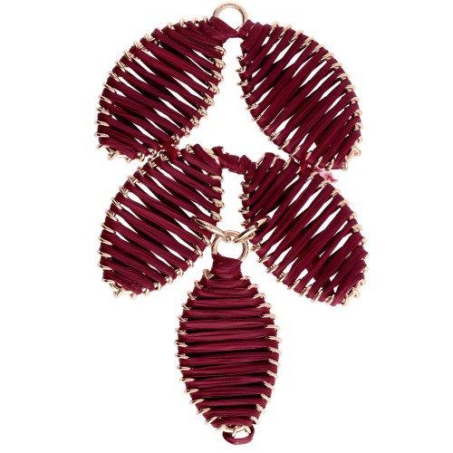 Pendentif feuille 68x40 mm en raphia et laiton - Bordeaux - Doré x1