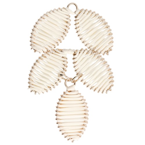 Pendentif feuille 68x40 mm en raphia et laiton - Ecru - Doré x1