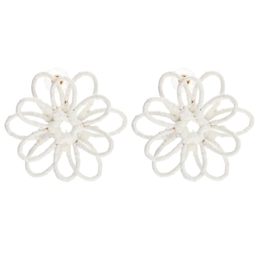Boucles d'oreilles fleur en fil - volume 3D - 50x45 mm en raphia - Ecru x2