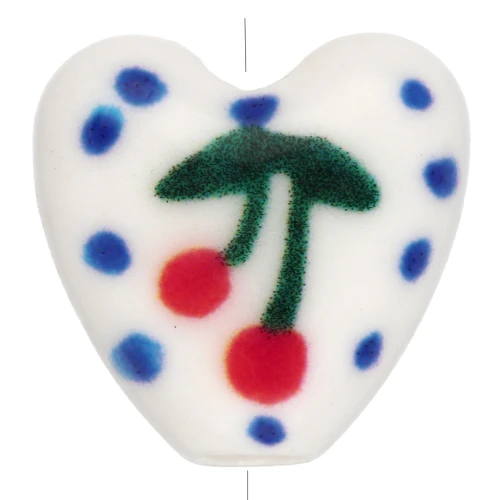 Perle coeur 15 mm en céramique - motif cerise - Blanc - Bleu x1