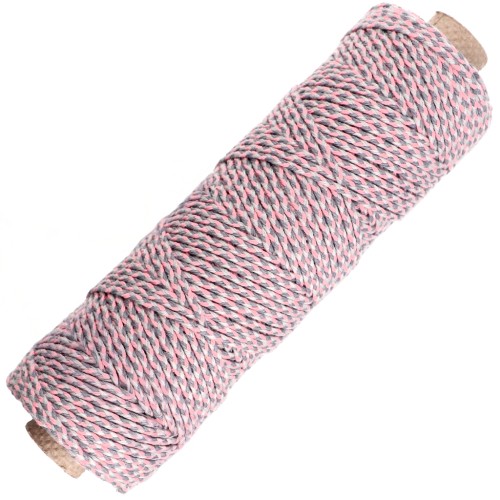 Cordon en coton tressé 2.5 mm - fabrication Française - Rose clair - Gris x100m