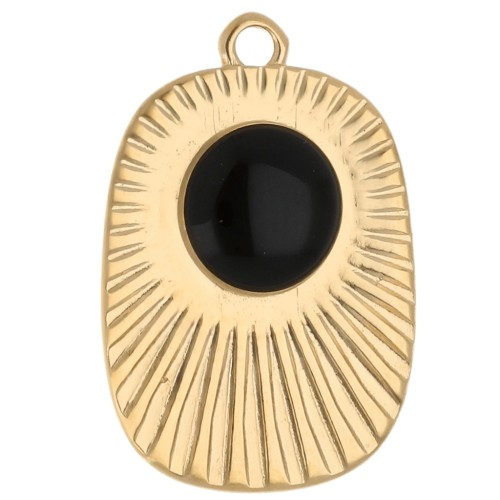 Pendentif rectangle ethnique 26x17.5 mm résine époxy - Doré à l'or fin - Noir x1