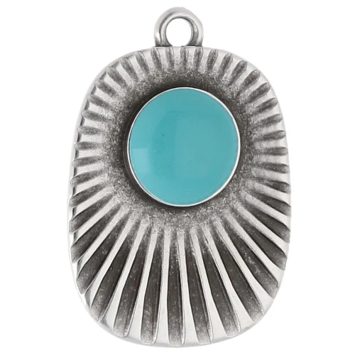 Pendentif rectangle ethnique 26x17.5 mm - Placage Argent fin vieilli - Turquoise