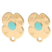Clous d'oreilles fleurs 16x13 mm résine époxy - Doré à l'or fin - Turquoise x2