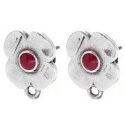 Clous d'oreilles fleurs 16x13mm résine époxy Placage Argent fin vieilli - Rouge x2