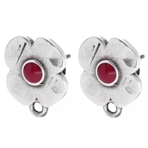 Clous d'oreilles fleurs 16x13mm résine époxy Placage Argent fin vieilli - Rouge x2