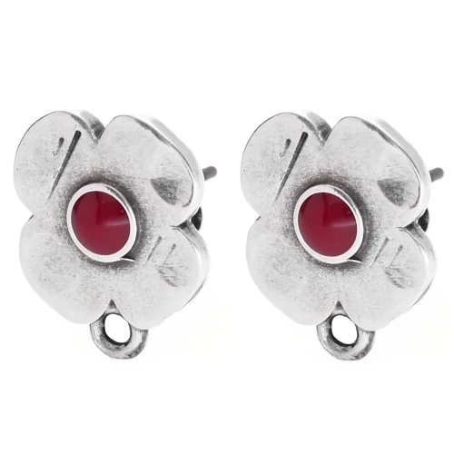 Clous d'oreilles fleurs 16x13mm résine époxy Placage Argent fin vieilli - Rouge x2