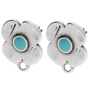 Clous d'oreilles fleurs 16x13mm résine époxy Placage Argent fin vieil Turquoise x2