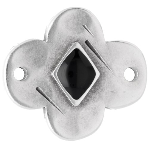 Intercalaire fleur 19x17 mm avec résine époxy - Placage Argent fin vieilli - Noir