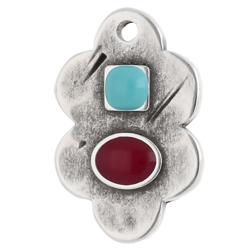 Pendentif feuille 21x14 mm résine époxy - Placage Arg fin vieil Turquoise - Rouge