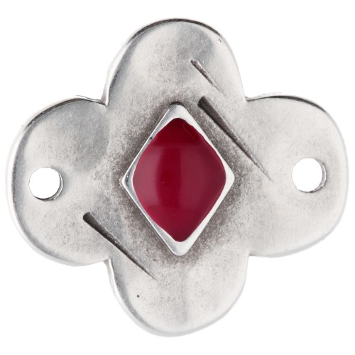 Intercalaire fleur 19x17 mm avec résine époxy - Placage Argent fin vieilli - Rouge