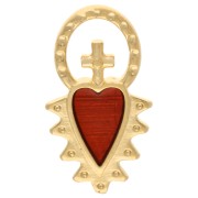 Breloque coeur ex-voto avec croix 17x9 mm résine époxy - Doré à l'or fin - Rouge