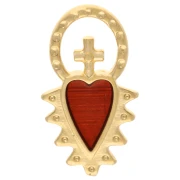 Breloque coeur ex-voto avec croix 17x9 mm résine époxy - Doré à l'or fin - Rouge