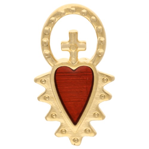 Breloque coeur ex-voto avec croix 17x9 mm résine époxy - Doré à l'or fin - Rouge