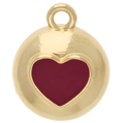 Pendentif rond 13 mm - coeur en résine époxy - Doré à l'or fin - Rouge x1