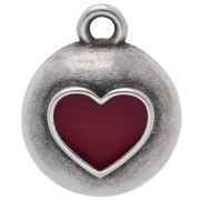Pendentif rond 13 mm - coeur en résine époxy - Placage Argent fin vieilli - Rouge