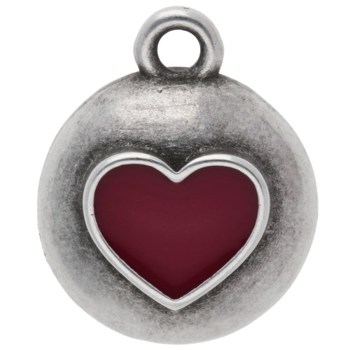 Pendentif rond 13 mm - coeur en résine époxy - Placage Argent fin vieilli - Rouge